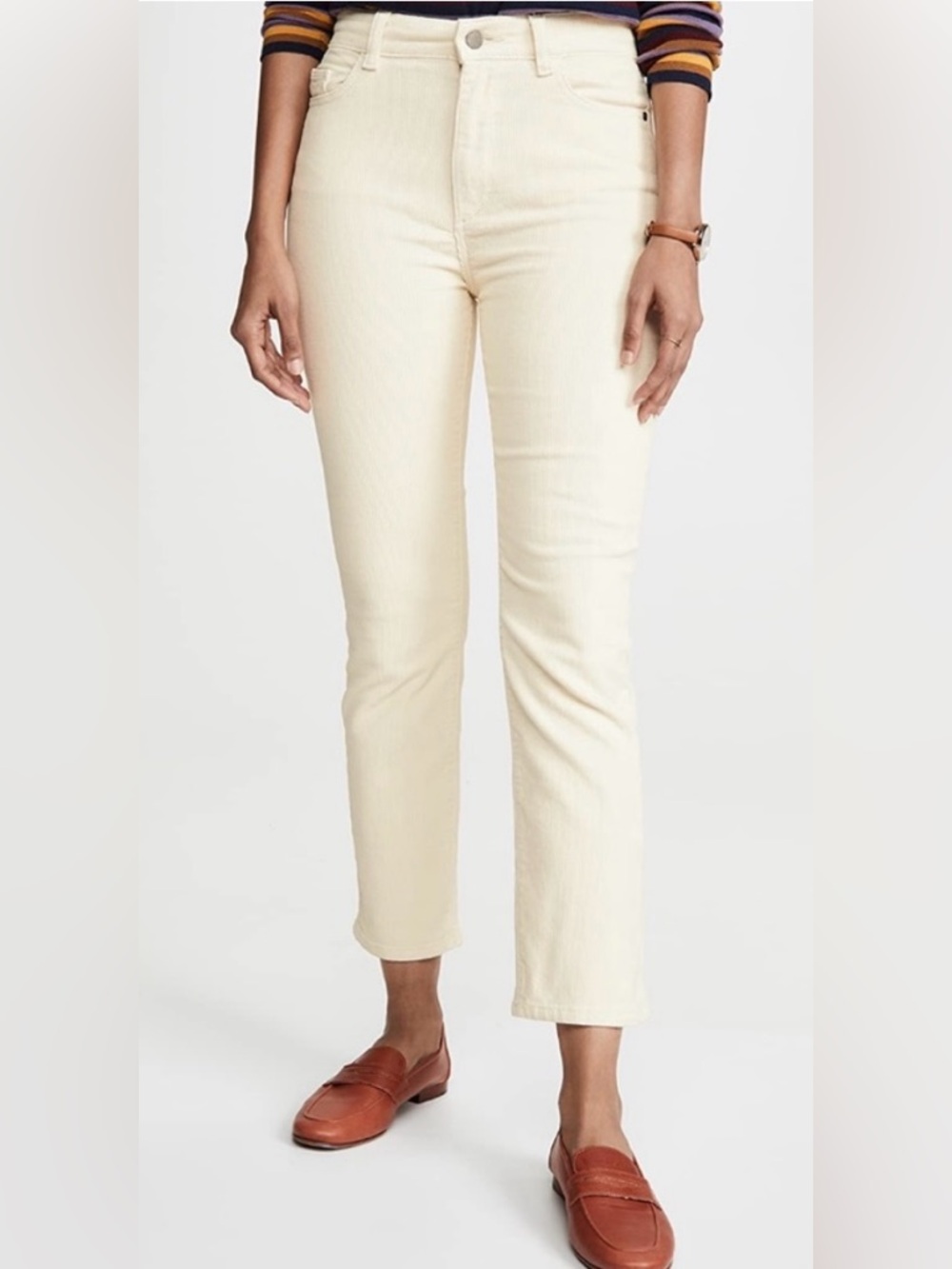 DL1961 Mara Straight Mid-Rise Instasculpt Ankle cream corduroy cropped pants